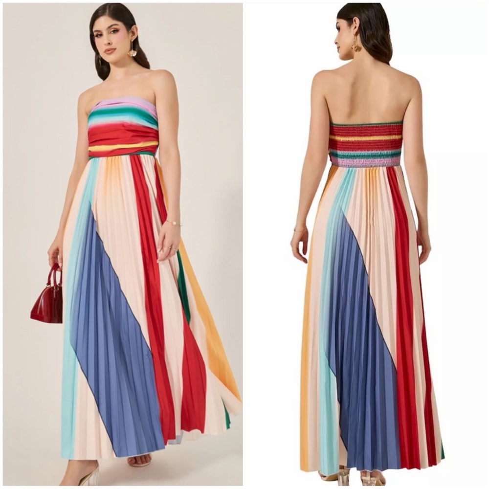 Color-block Strapless Colorful Rainbow Pleated Maxi Sun Dress Size S Small